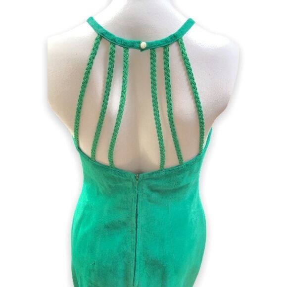 Danier Leather Genuine Suede Leather Emerald Green Halter Bodycon Mini Dress - Picture 5 of 8
